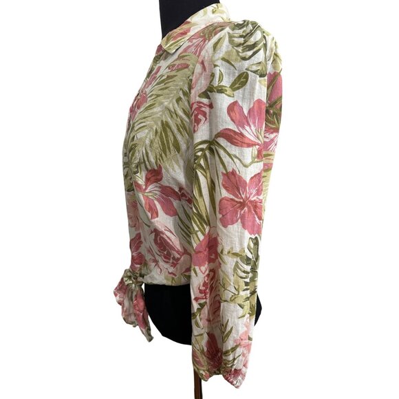 Larry Levine Women's Linen Blend Button Down Floral Front Tie Blouse Small - Picture 2 of 9